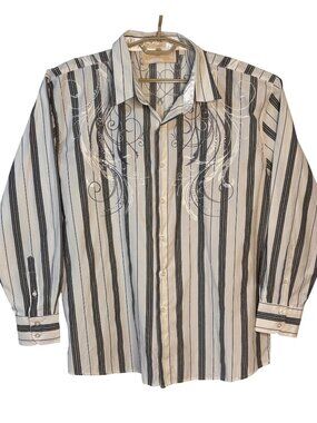 Franky Max Mens 2XL Y2K Button-Up Dress Shirt Black White Striped Embroidered